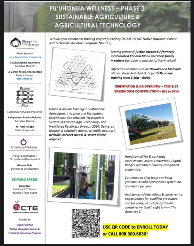 Puʻuhonua Wellness-Phase 2: Sustainable/Advanced AgTech Training